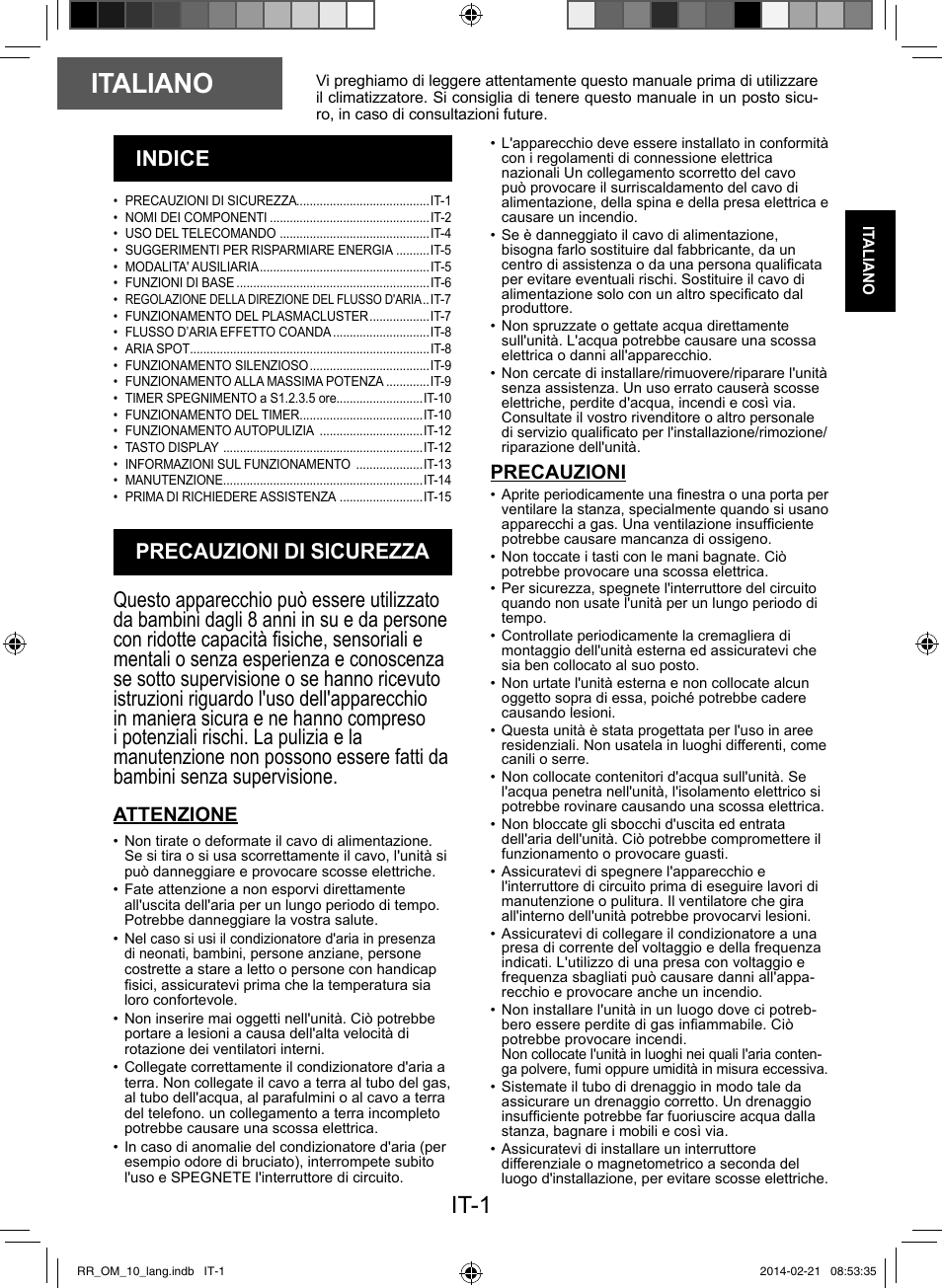 Italiano, It-1, Attenzione | Precauzioni | Sharp AY-XPC12RR-AE-X12RR User Manual | Page 19 / 164