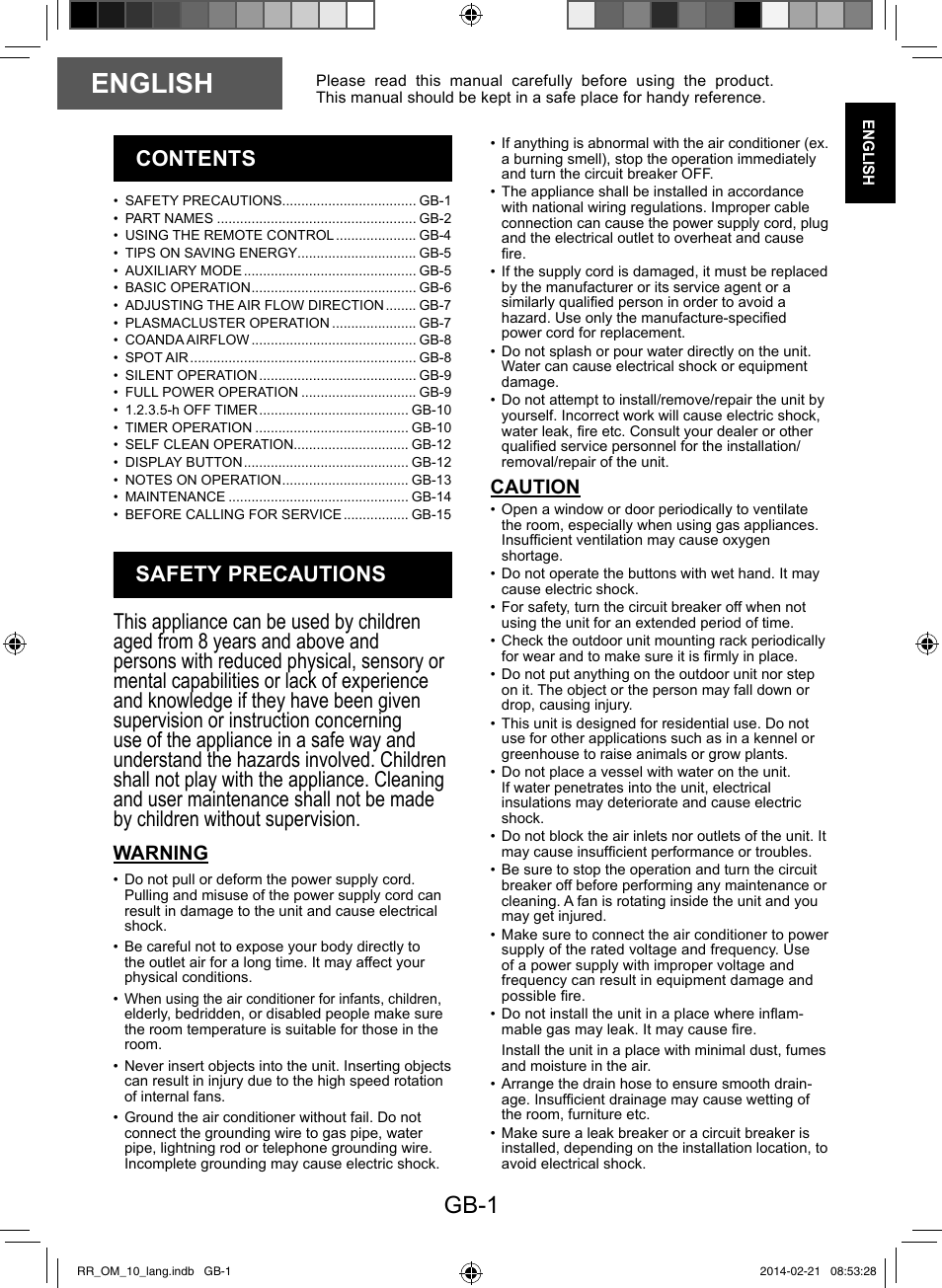 English, Gb-1, Warning | Caution | Sharp AY-XPC12RR-AE-X12RR User Manual | Page 3 / 164