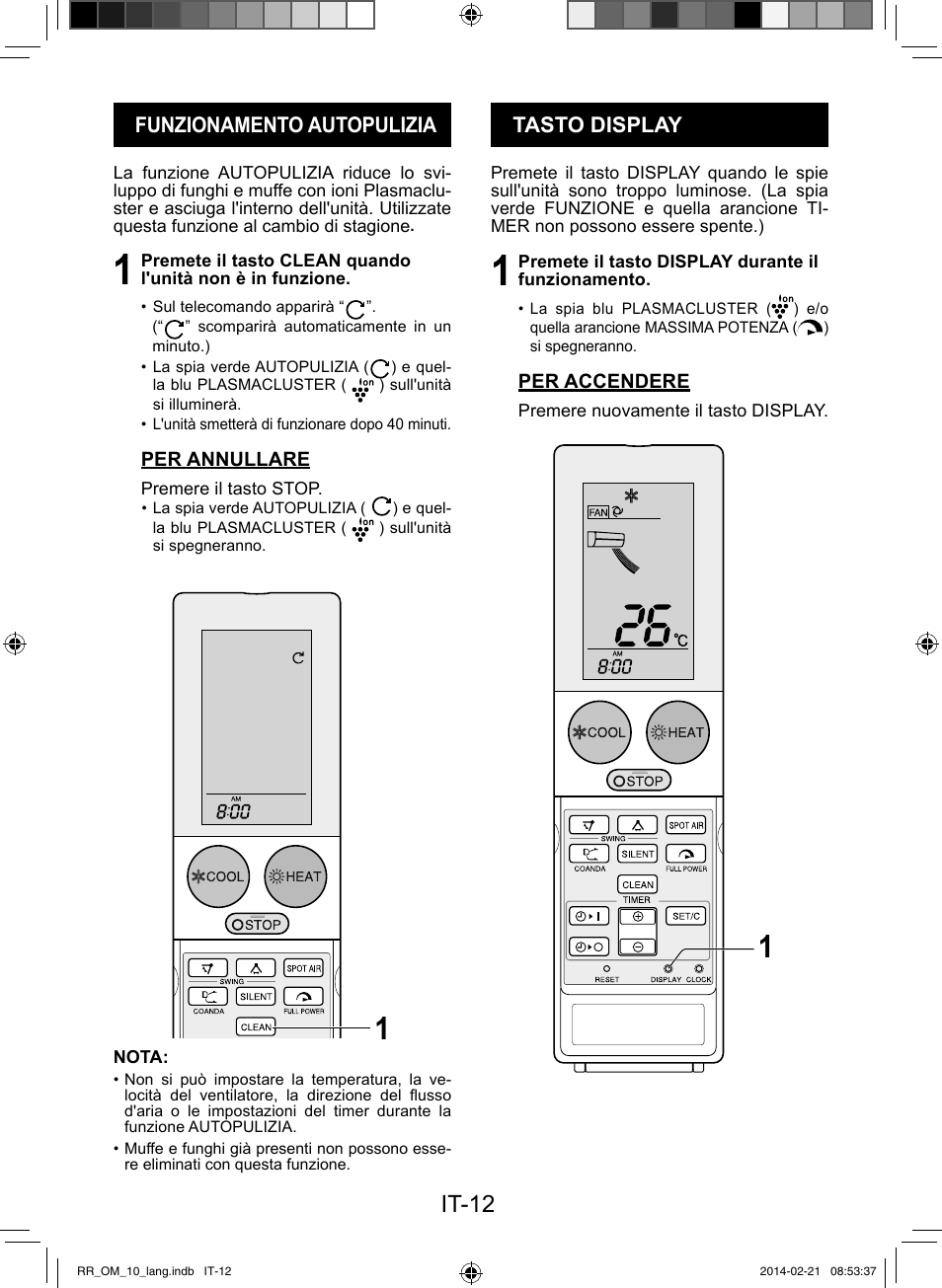 It-12, Funzionamento autopulizia, Tasto display | Sharp AY-XPC12RR-AE-X12RR User Manual | Page 30 / 164