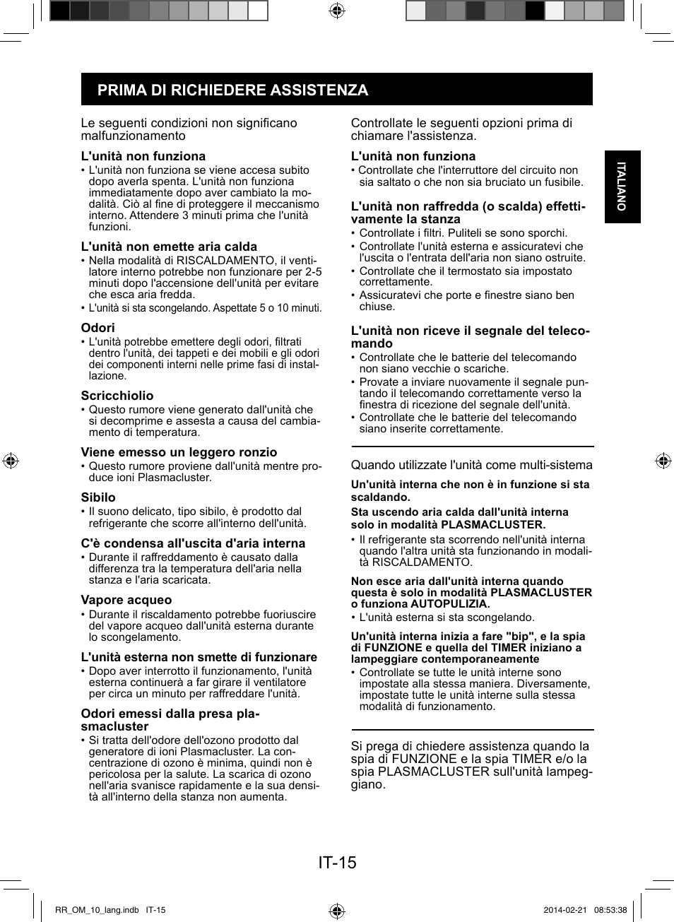 It-15, Prima di richiedere assistenza | Sharp AY-XPC12RR-AE-X12RR User Manual | Page 33 / 164