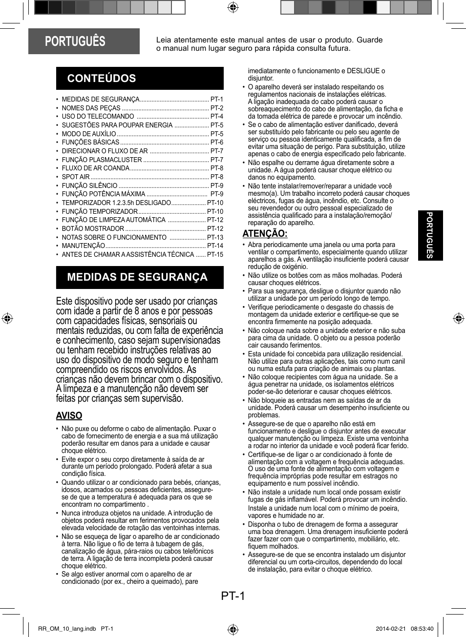 Português, Pt-1, Aviso | Atenção | Sharp AY-XPC12RR-AE-X12RR User Manual | Page 51 / 164