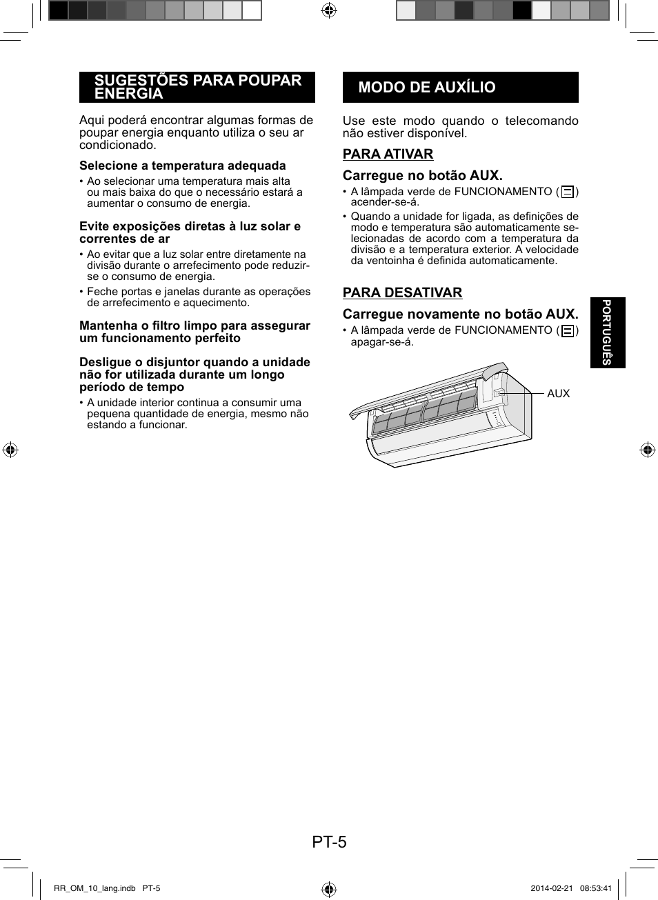 Pt-5, Modo de auxílio sugestões para poupar energia | Sharp AY-XPC12RR-AE-X12RR User Manual | Page 55 / 164