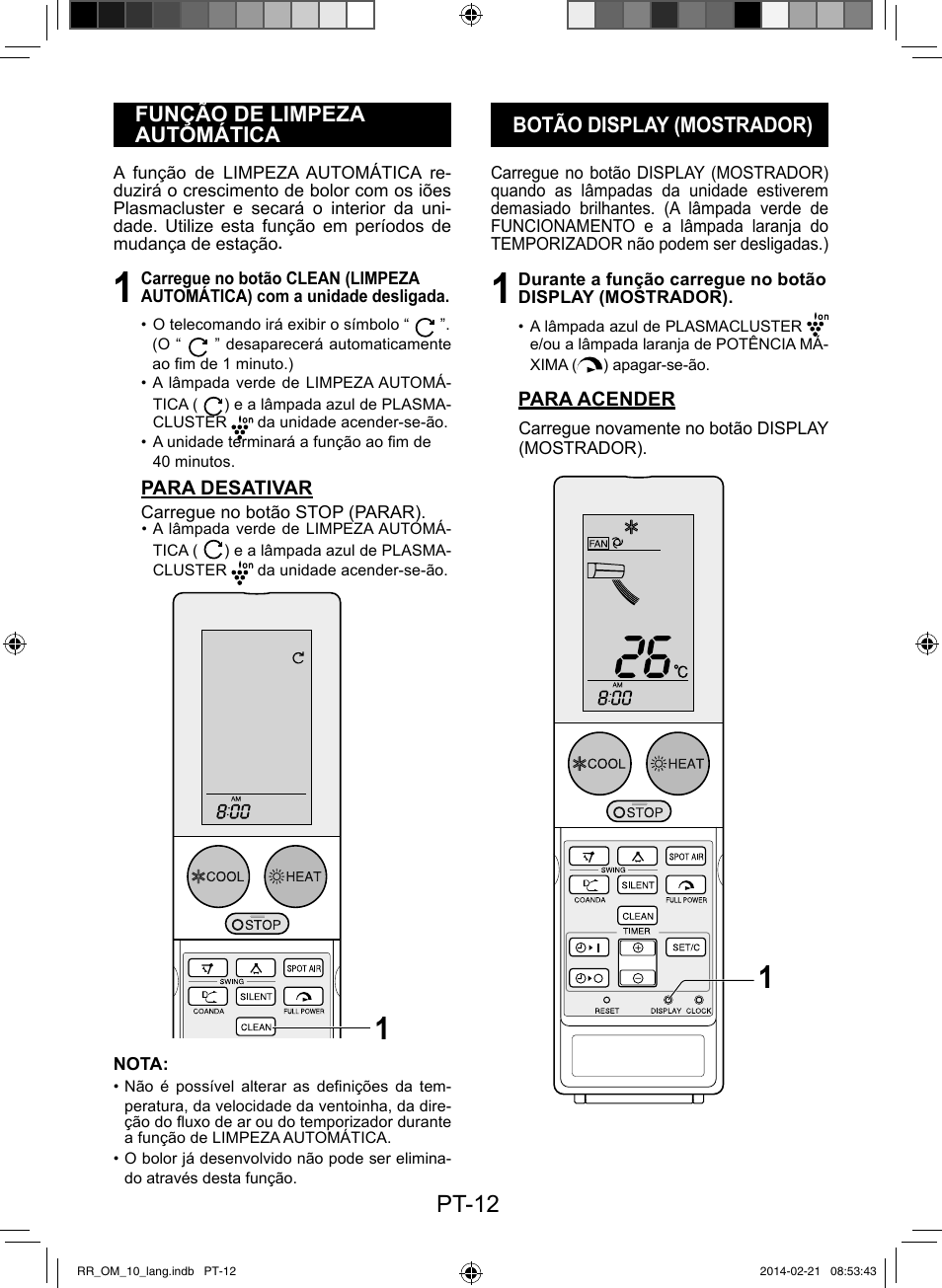 Pt-12, Função de limpeza automática, Botão display (mostrador) | Sharp AY-XPC12RR-AE-X12RR User Manual | Page 62 / 164