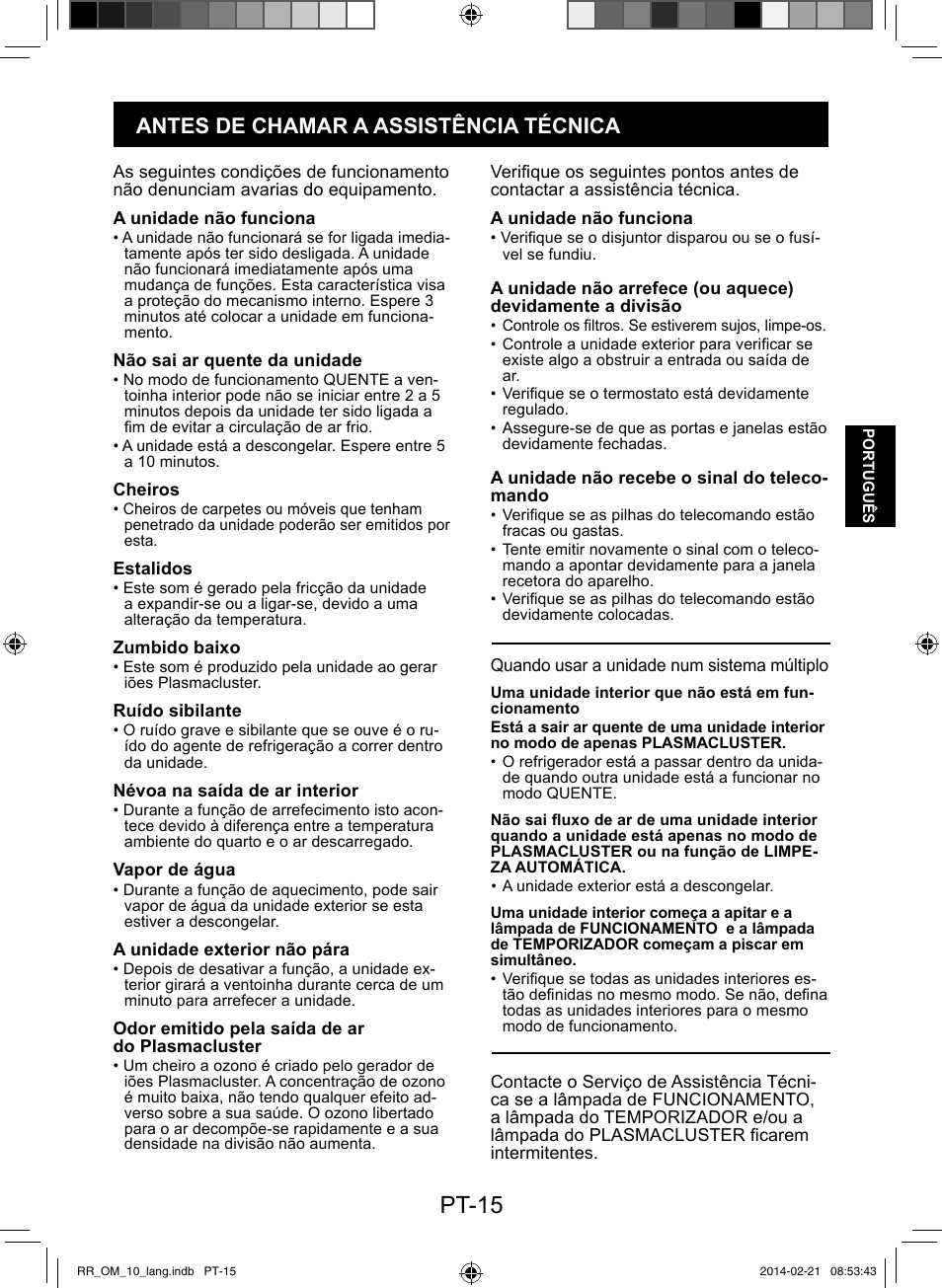 Pt-15, Antes de chamar a assistência técnica | Sharp AY-XPC12RR-AE-X12RR User Manual | Page 65 / 164