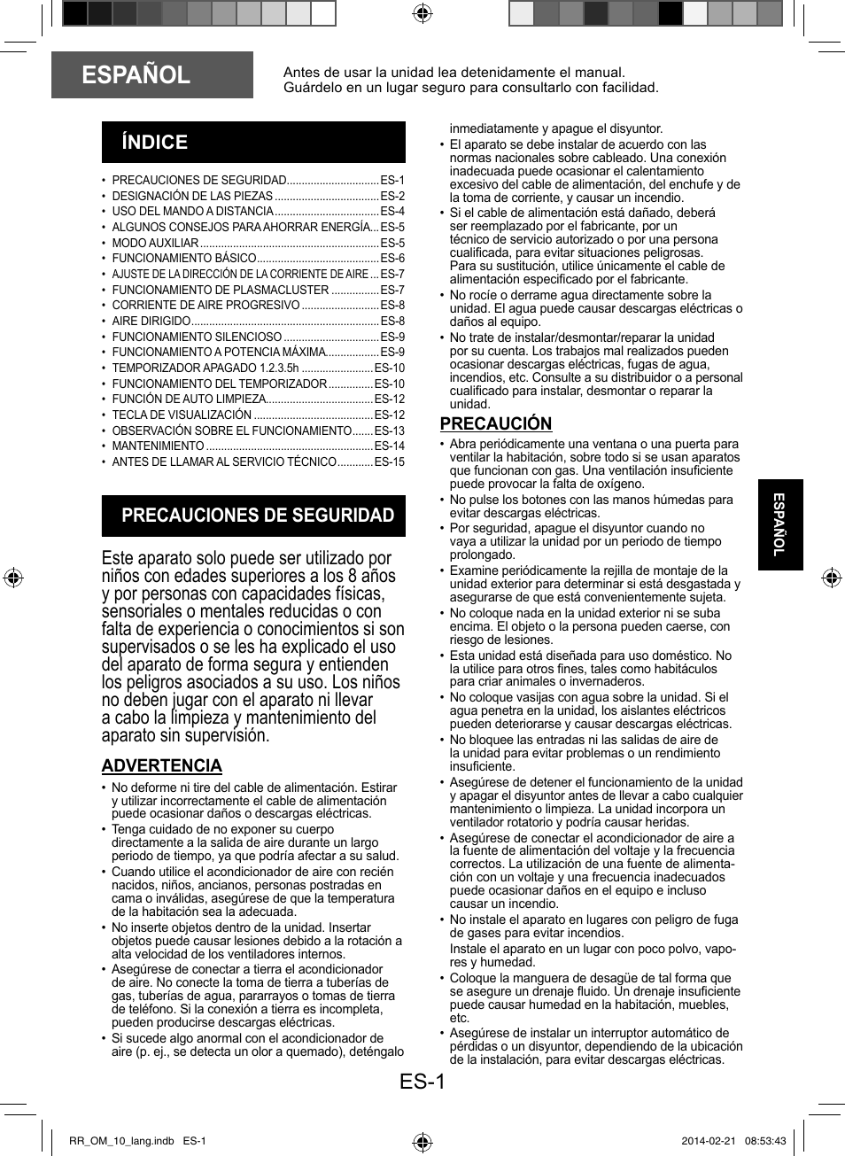 Español, Es-1, Advertencia | Precaución | Sharp AY-XPC12RR-AE-X12RR User Manual | Page 67 / 164