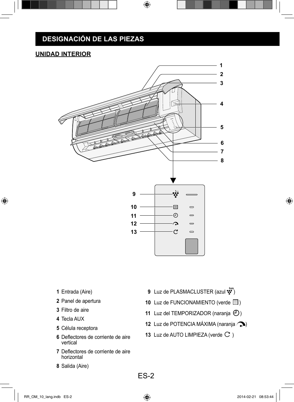 Es-2, Designación de las piezas | Sharp AY-XPC12RR-AE-X12RR User Manual | Page 68 / 164