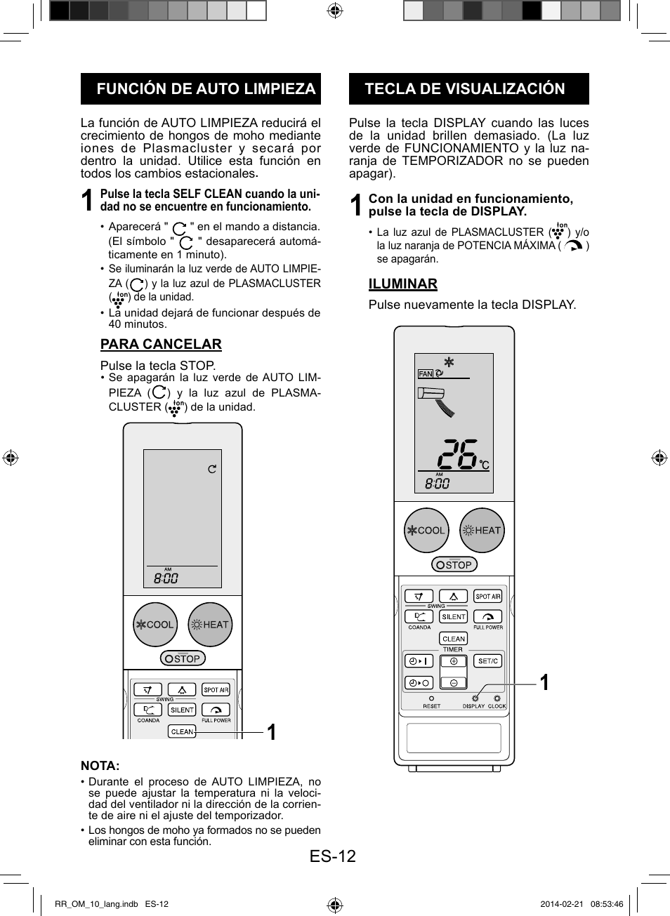 Es-12, Función de auto limpieza, Tecla de visualización | Sharp AY-XPC12RR-AE-X12RR User Manual | Page 78 / 164