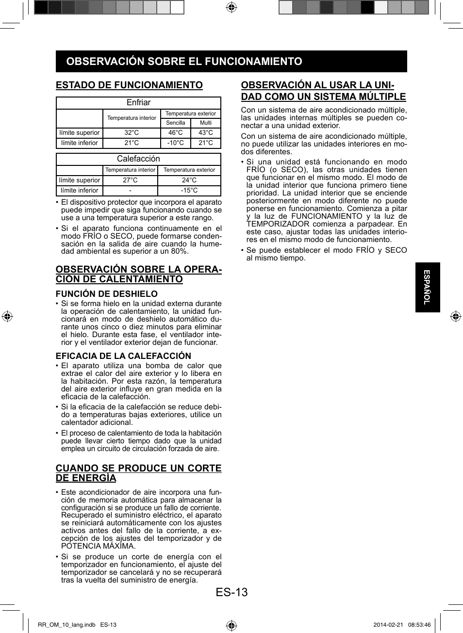 Es-13, Observación sobre el funcionamiento, Estado de funcionamiento | Observación sobre la opera- ción de calentamiento, Cuando se produce un corte de energía | Sharp AY-XPC12RR-AE-X12RR User Manual | Page 79 / 164