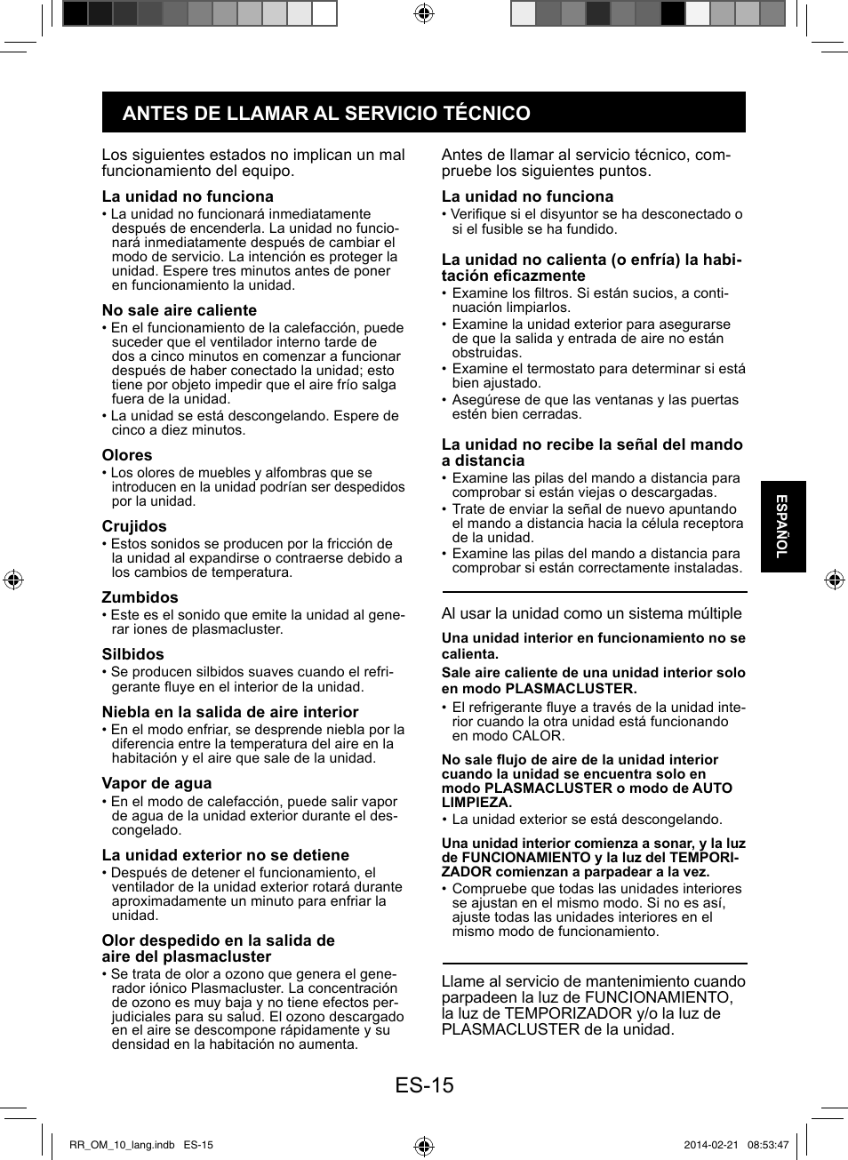 Es-15, Antes de llamar al servicio técnico | Sharp AY-XPC12RR-AE-X12RR User Manual | Page 81 / 164