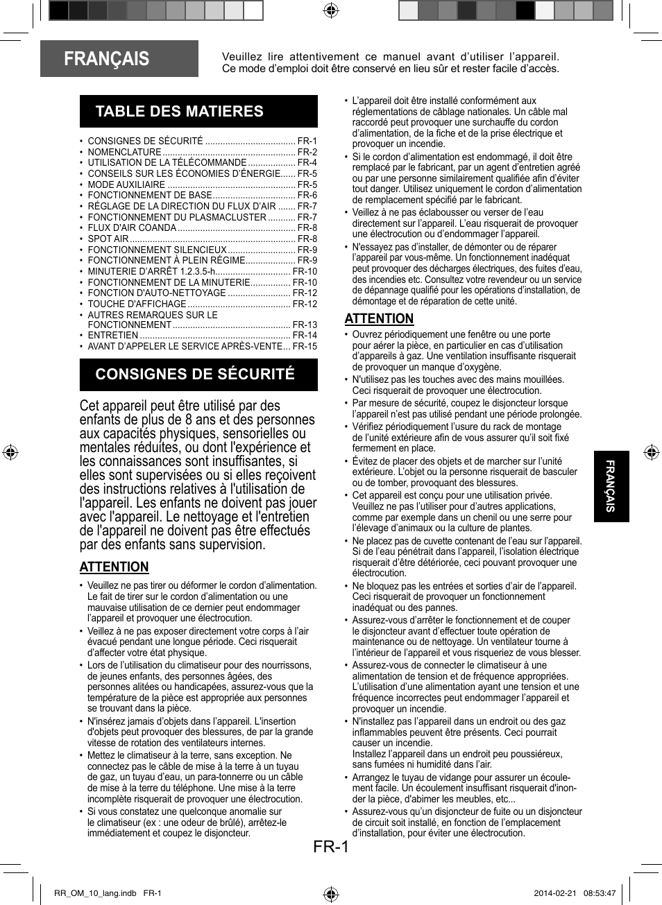 Français, Fr-1, Attention | Sharp AY-XPC12RR-AE-X12RR User Manual | Page 83 / 164