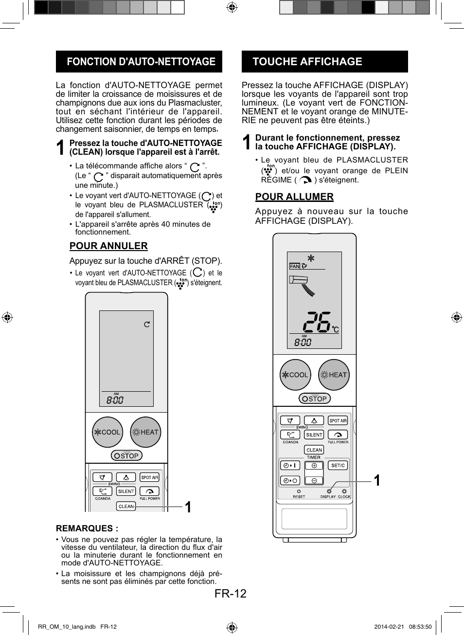 Fr-12, Fonction d'auto-nettoyage, Touche affichage | Sharp AY-XPC12RR-AE-X12RR User Manual | Page 94 / 164