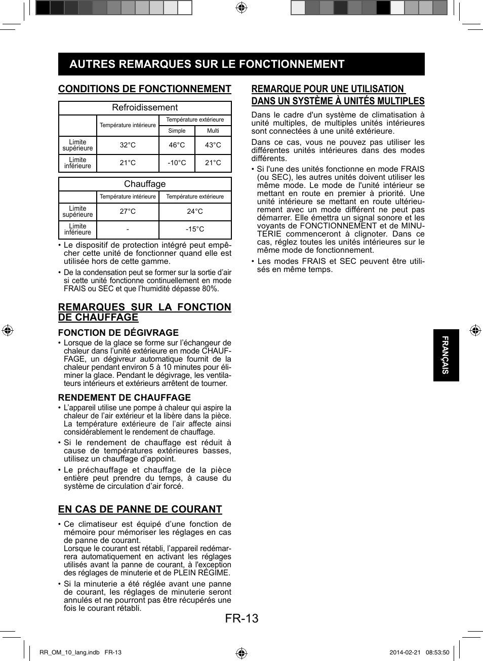 Fr-13, Autres remarques sur le fonctionnement, Conditions de fonctionnement | Remarques sur la fonction de chauffage, En cas de panne de courant | Sharp AY-XPC12RR-AE-X12RR User Manual | Page 95 / 164