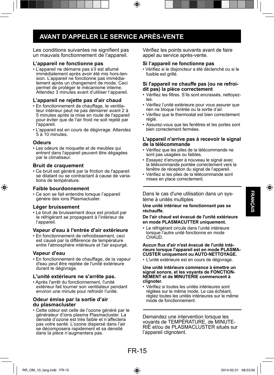 Fr-15, Avant d’appeler le service après-vente | Sharp AY-XPC12RR-AE-X12RR User Manual | Page 97 / 164