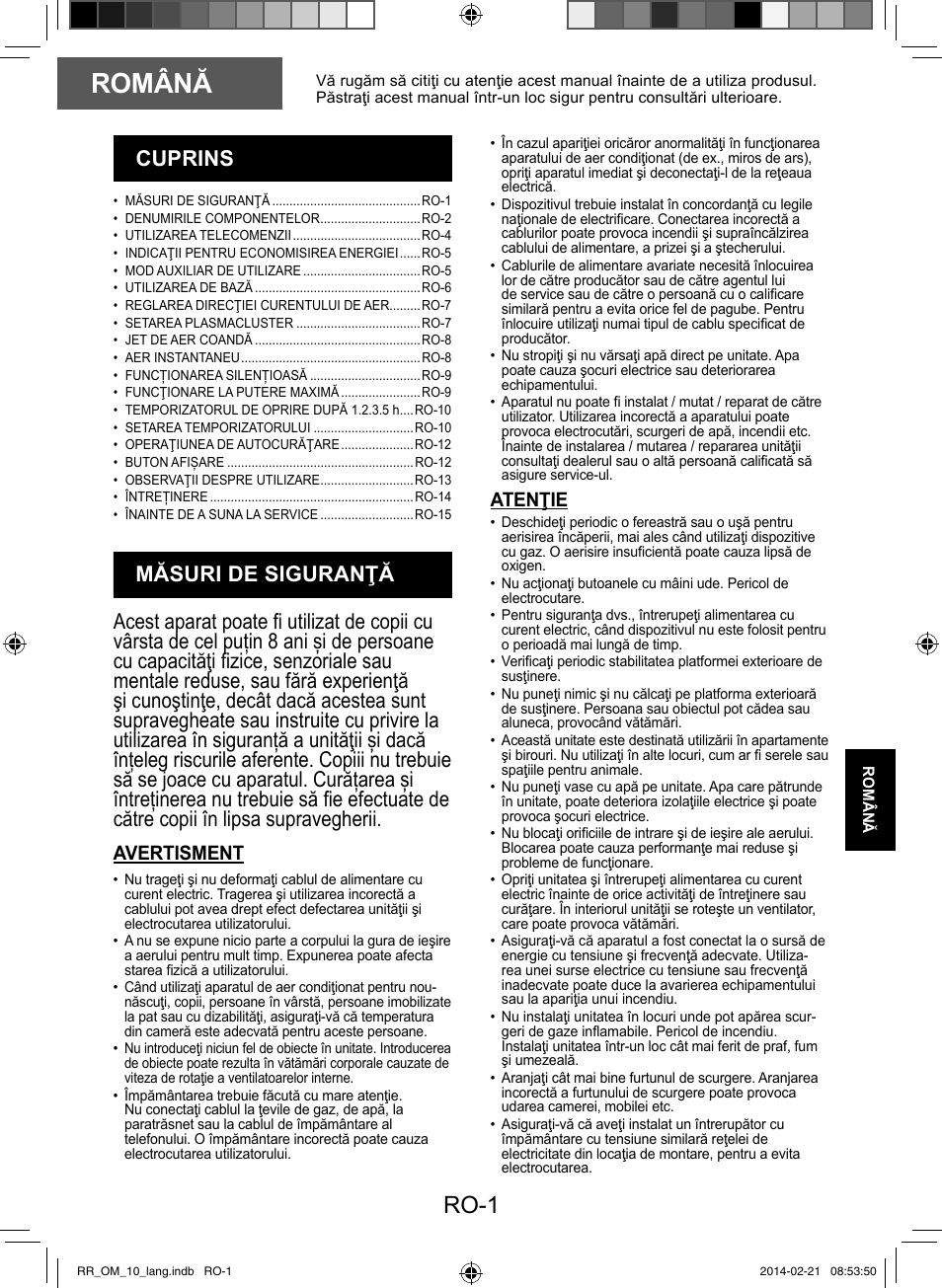 Română, Ro-1, Avertisment | Atenţie | Sharp AY-XPC12RR-AE-X12RR User Manual | Page 99 / 164