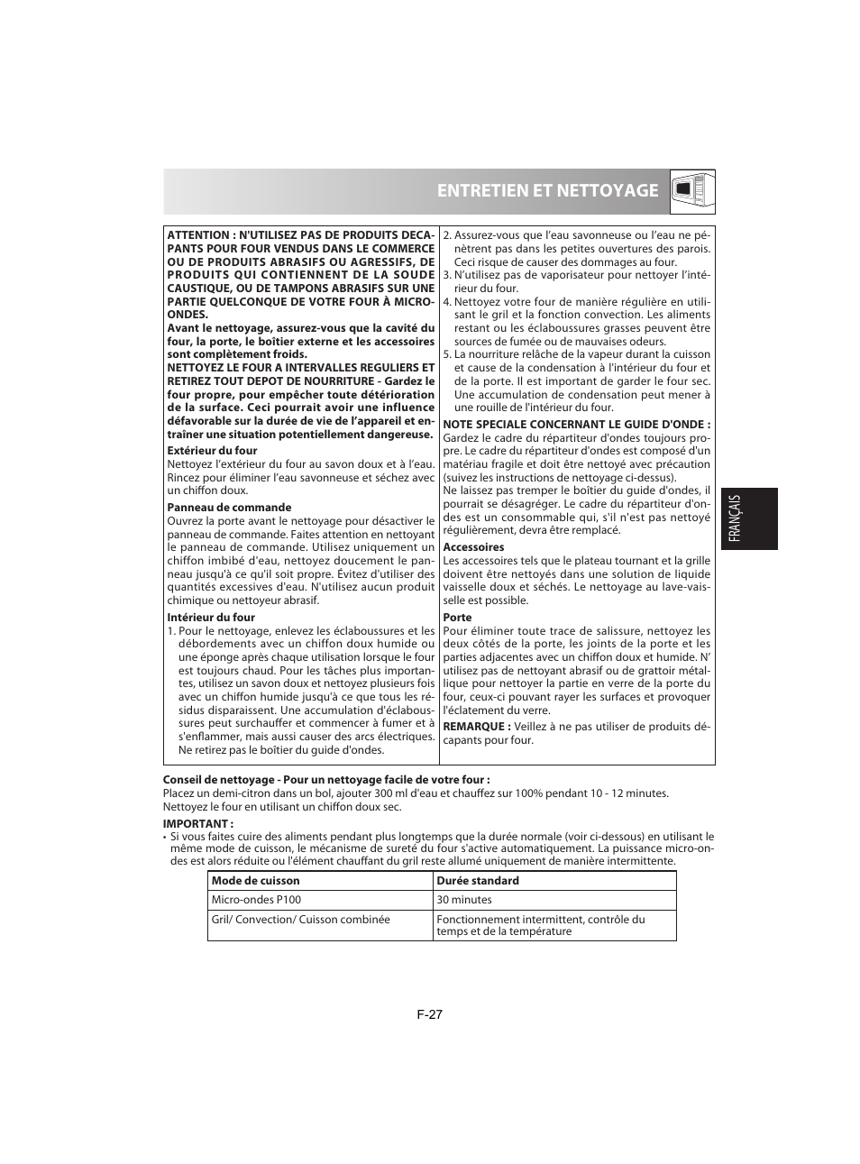 Entretien et nettoyage | Sharp R-842INE User Manual | Page 113 / 312