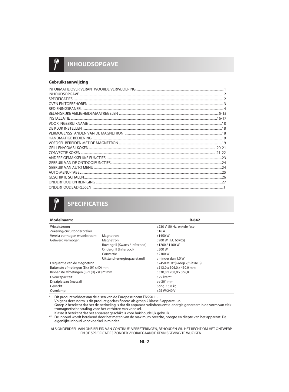 Specificaties inhoudsopgave | Sharp R-842INE User Manual | Page 144 / 312