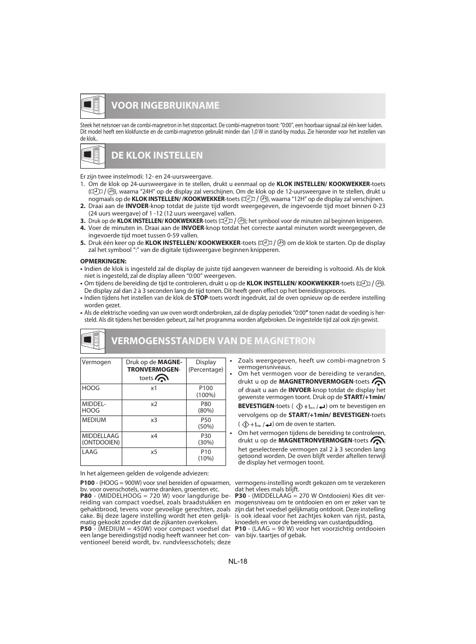 Voor ingebruikname, De klok instellen, Vermogensstanden van de magnetron | Sharp R-842INE User Manual | Page 160 / 312