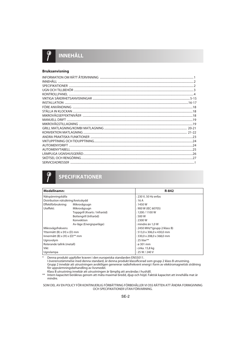 Specifikationer innehåll | Sharp R-842INE User Manual | Page 172 / 312