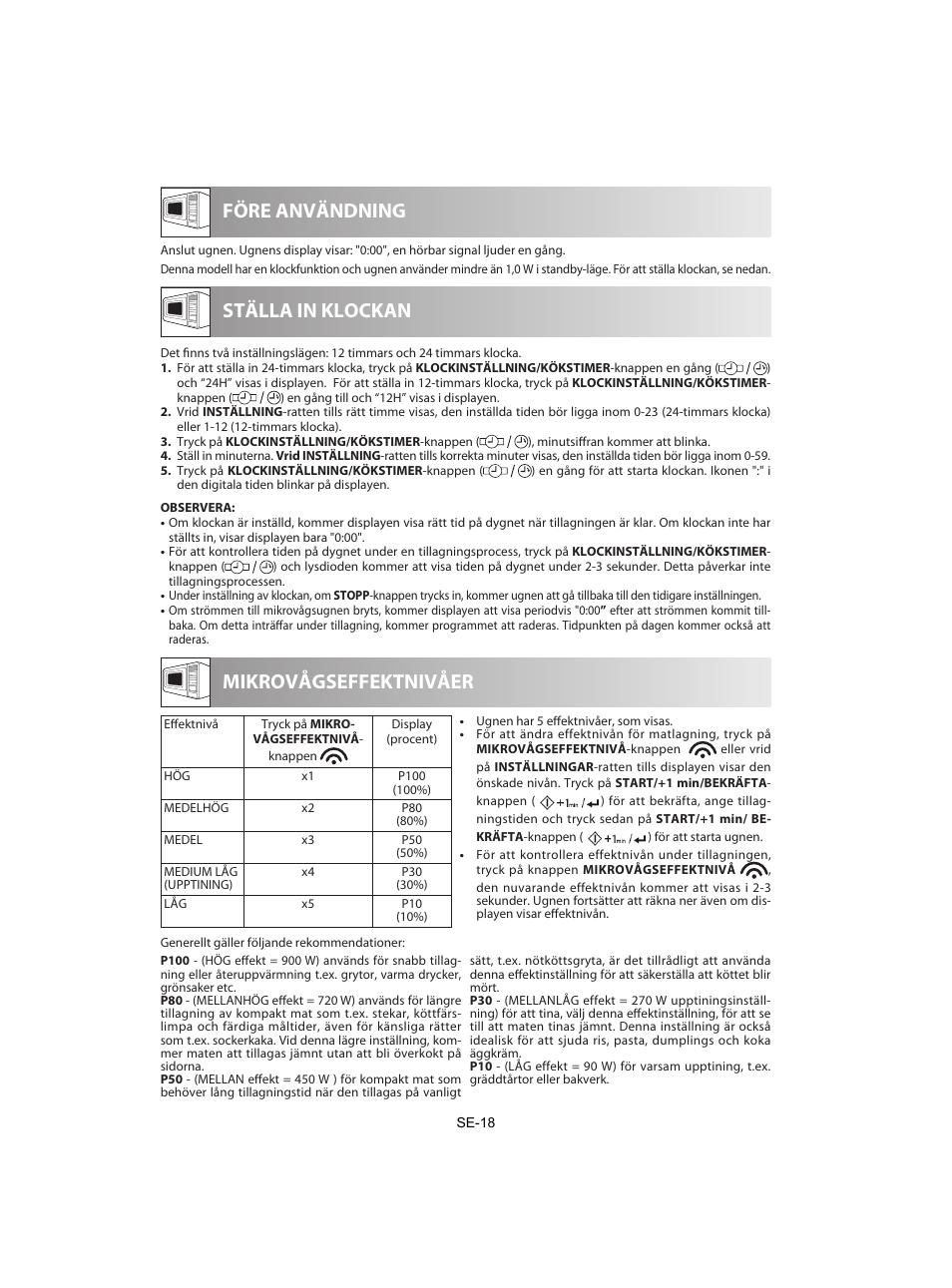 Före användning, Ställa in klockan, Mikrovågseffektnivåer | Sharp R-842INE User Manual | Page 188 / 312