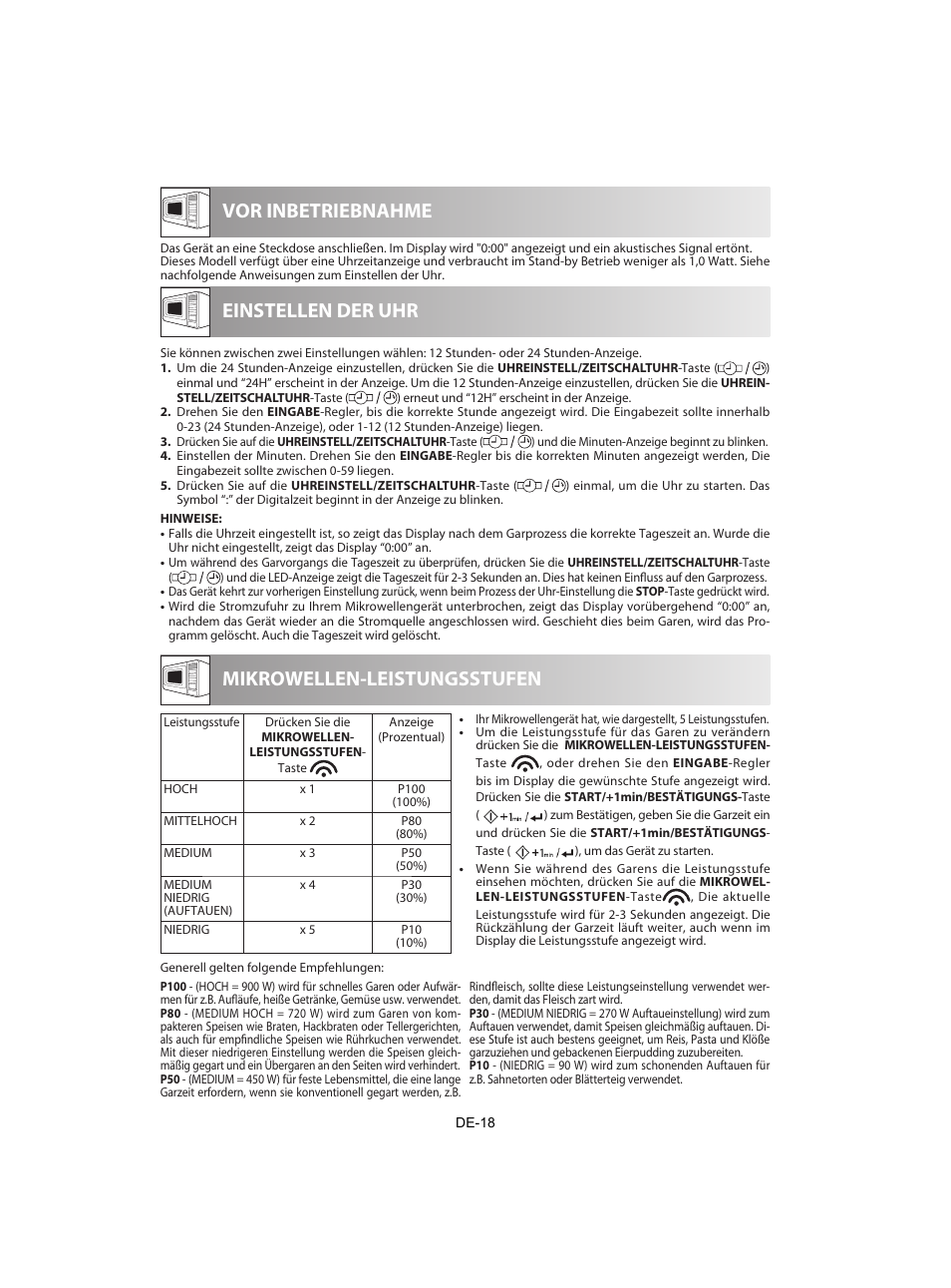 Vor inbetriebnahme, Einstellen der uhr, Mikrowellen-leistungsstufen | Sharp R-842INE User Manual | Page 20 / 312