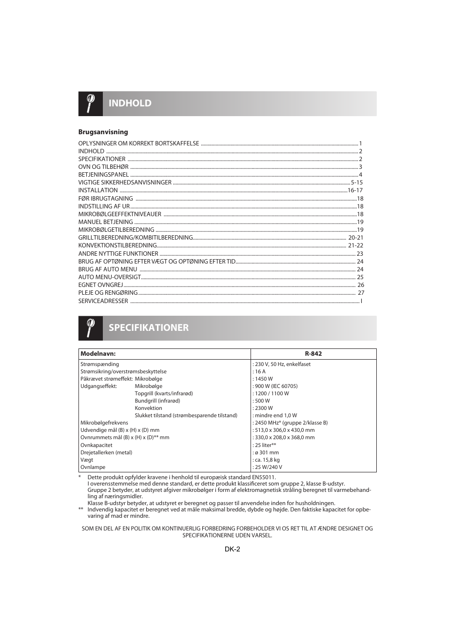 Specifikationer indhold | Sharp R-842INE User Manual | Page 200 / 312