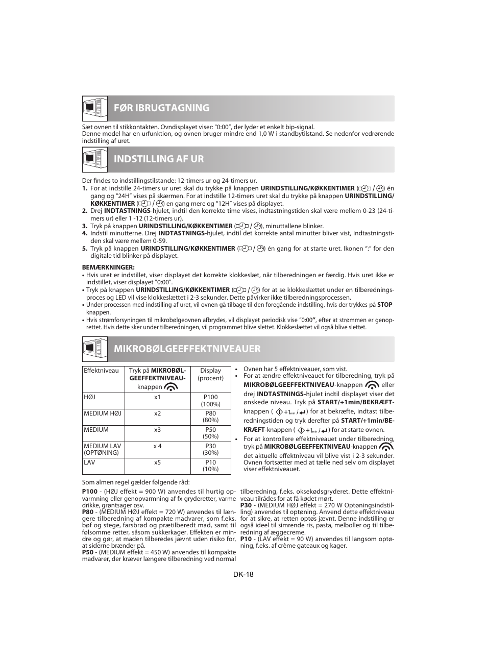 Før ibrugtagning, Indstilling af ur, Mikrobølgeeffektniveauer | Sharp R-842INE User Manual | Page 216 / 312