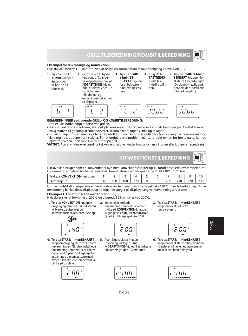 Grilltilberedning/kombitilberedning, Konvektionstilberedning, Dansk | Sharp R-842INE User Manual | Page 219 / 312