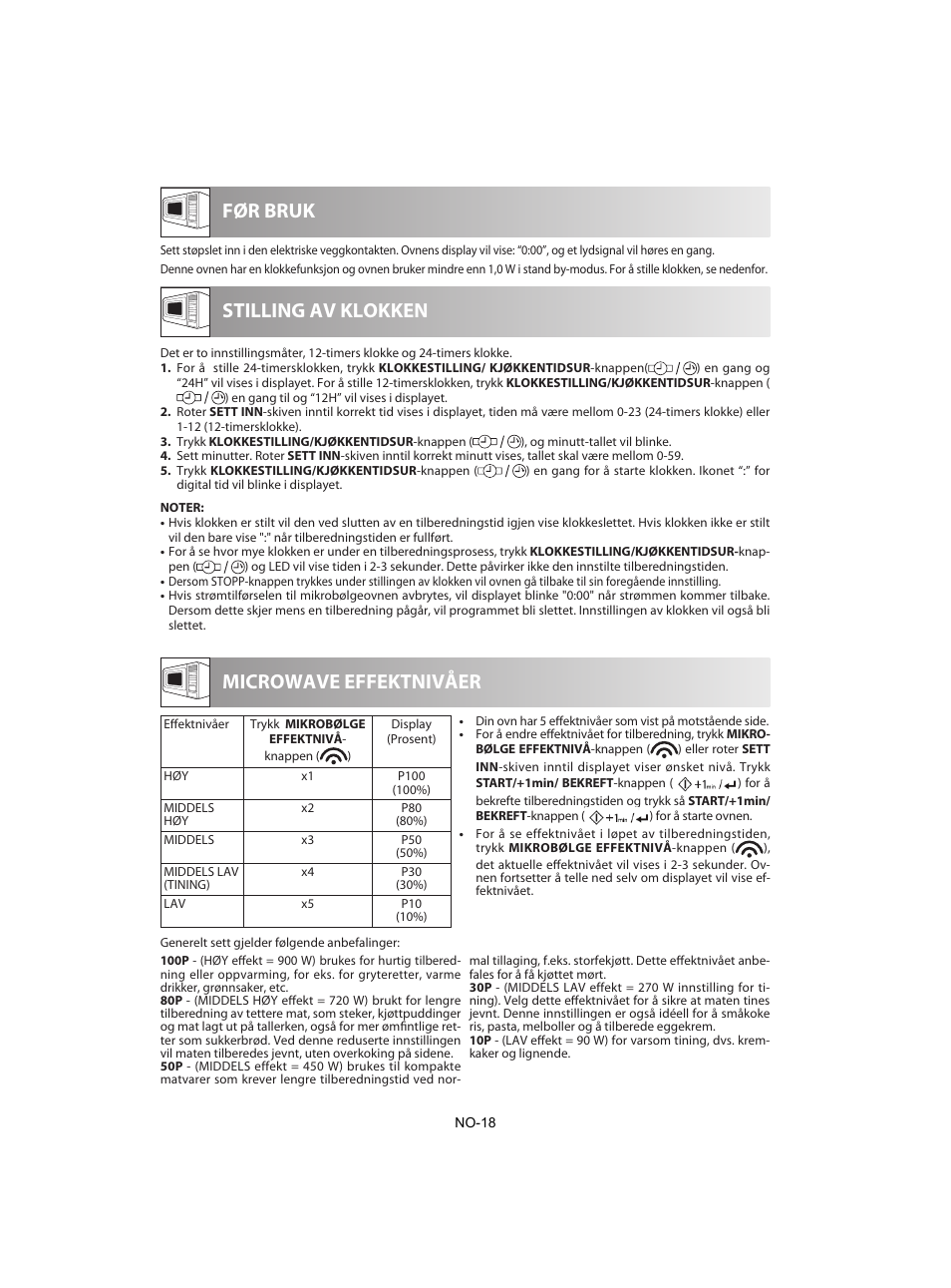 Før bruk, Stilling av klokken, Microwave effektnivåer | Sharp R-842INE User Manual | Page 244 / 312