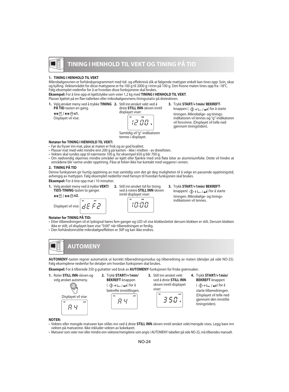 Tining i henhold til vekt og tining på tid, Automeny | Sharp R-842INE User Manual | Page 250 / 312