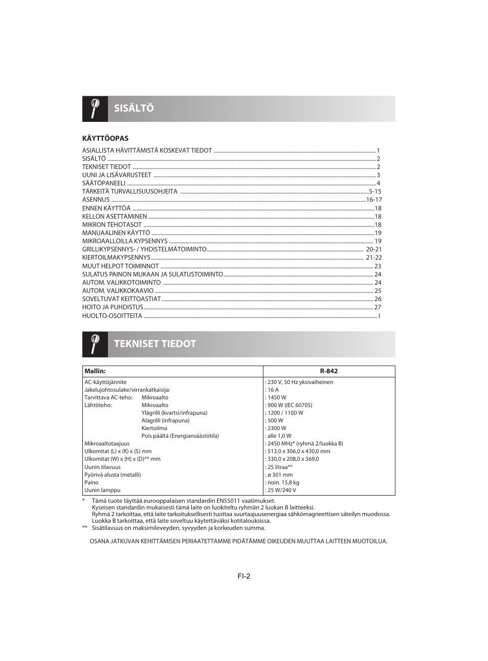 Tekniset tiedot sisältö | Sharp R-842INE User Manual | Page 256 / 312