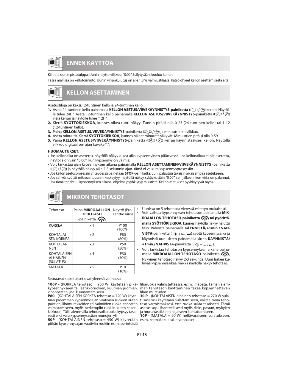 Ennen käyttöä, Kellon asettaminen, Mikron tehotasot | Sharp R-842INE User Manual | Page 272 / 312