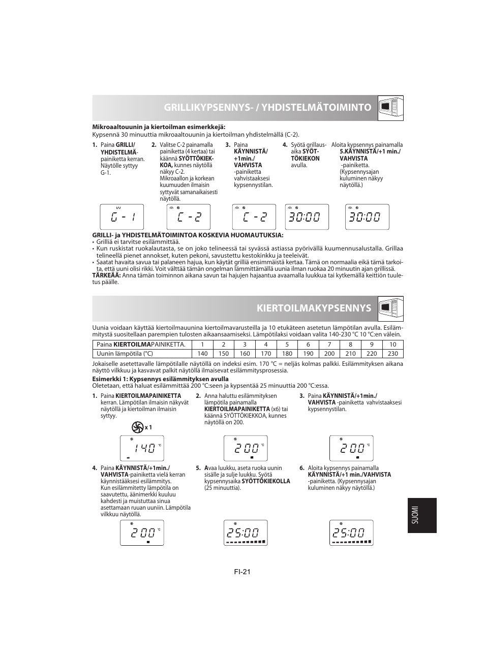 Grillikypsennys- / yhdistelmätoiminto, Kiertoilmakypsennys, Suomi | Sharp R-842INE User Manual | Page 275 / 312