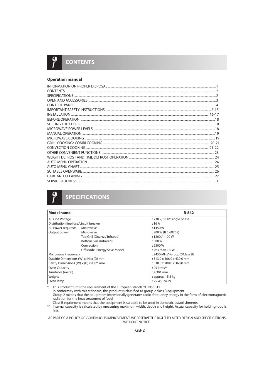 Specifications contents | Sharp R-842INE User Manual | Page 284 / 312