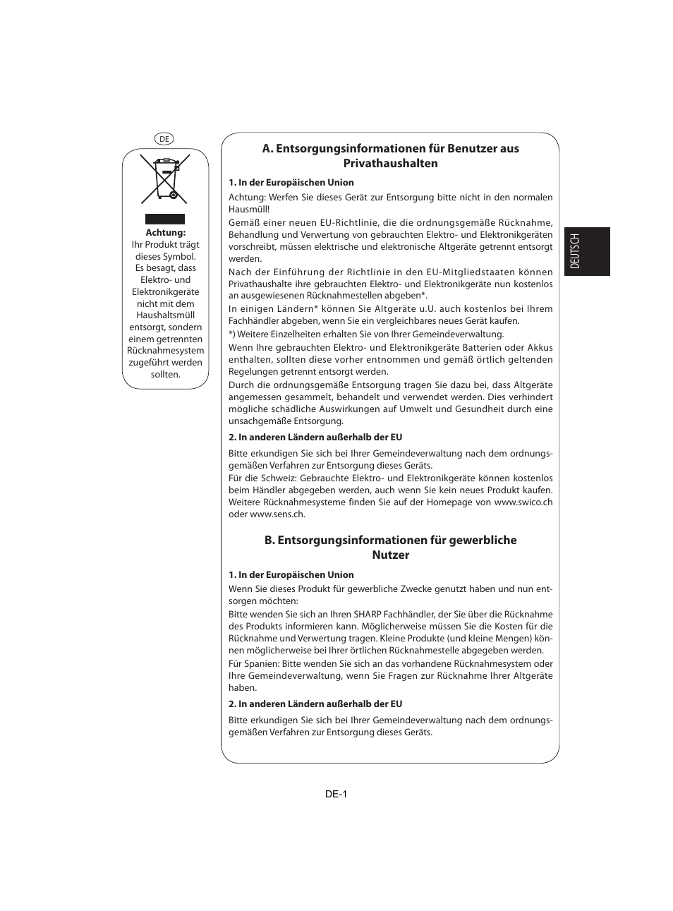 B. entsorgungsinformationen für gewerbliche nutzer | Sharp R-842INE User Manual | Page 3 / 312