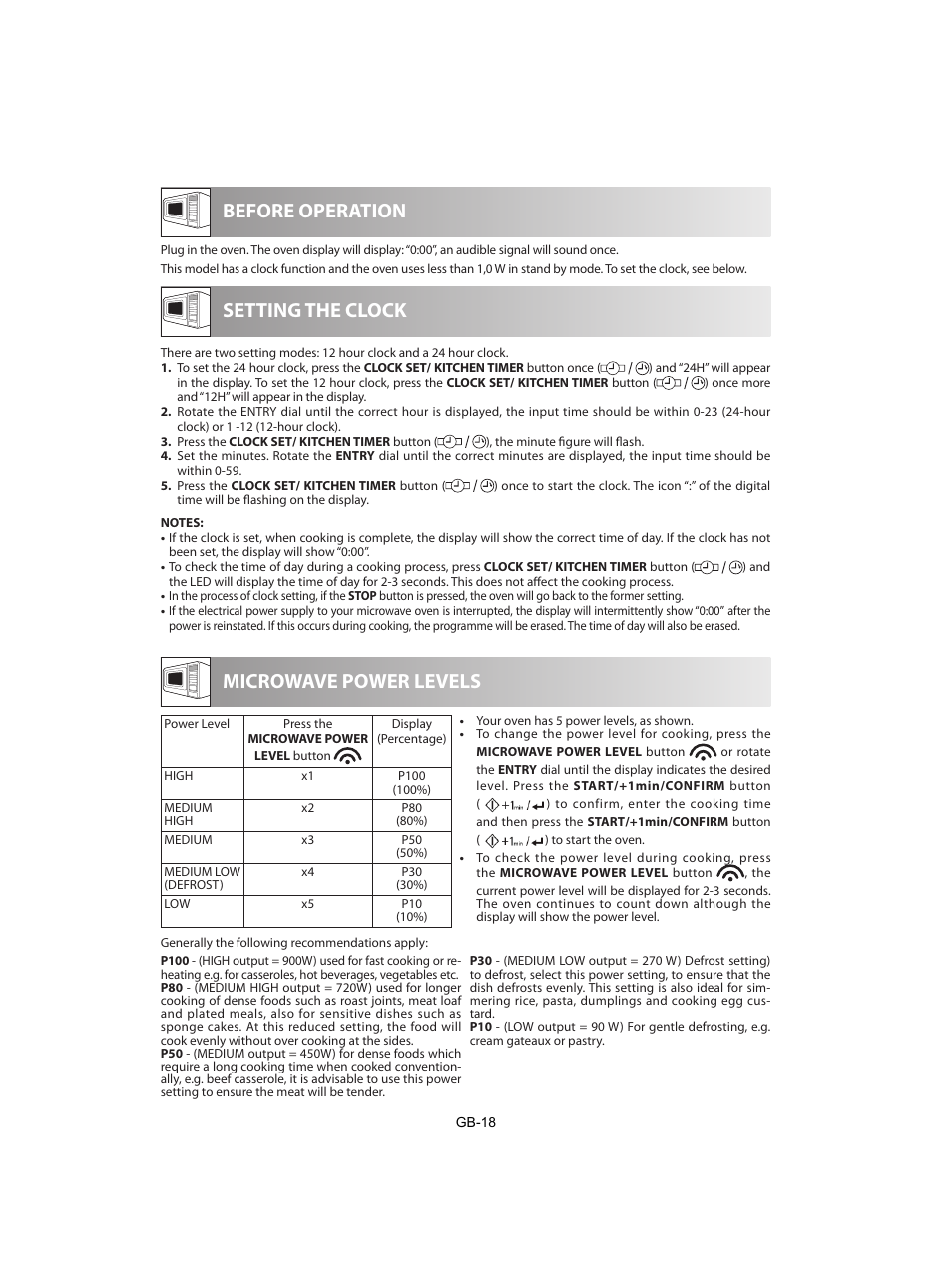 Before operation, Setting the clock, Microwave power levels | Sharp R-842INE User Manual | Page 300 / 312