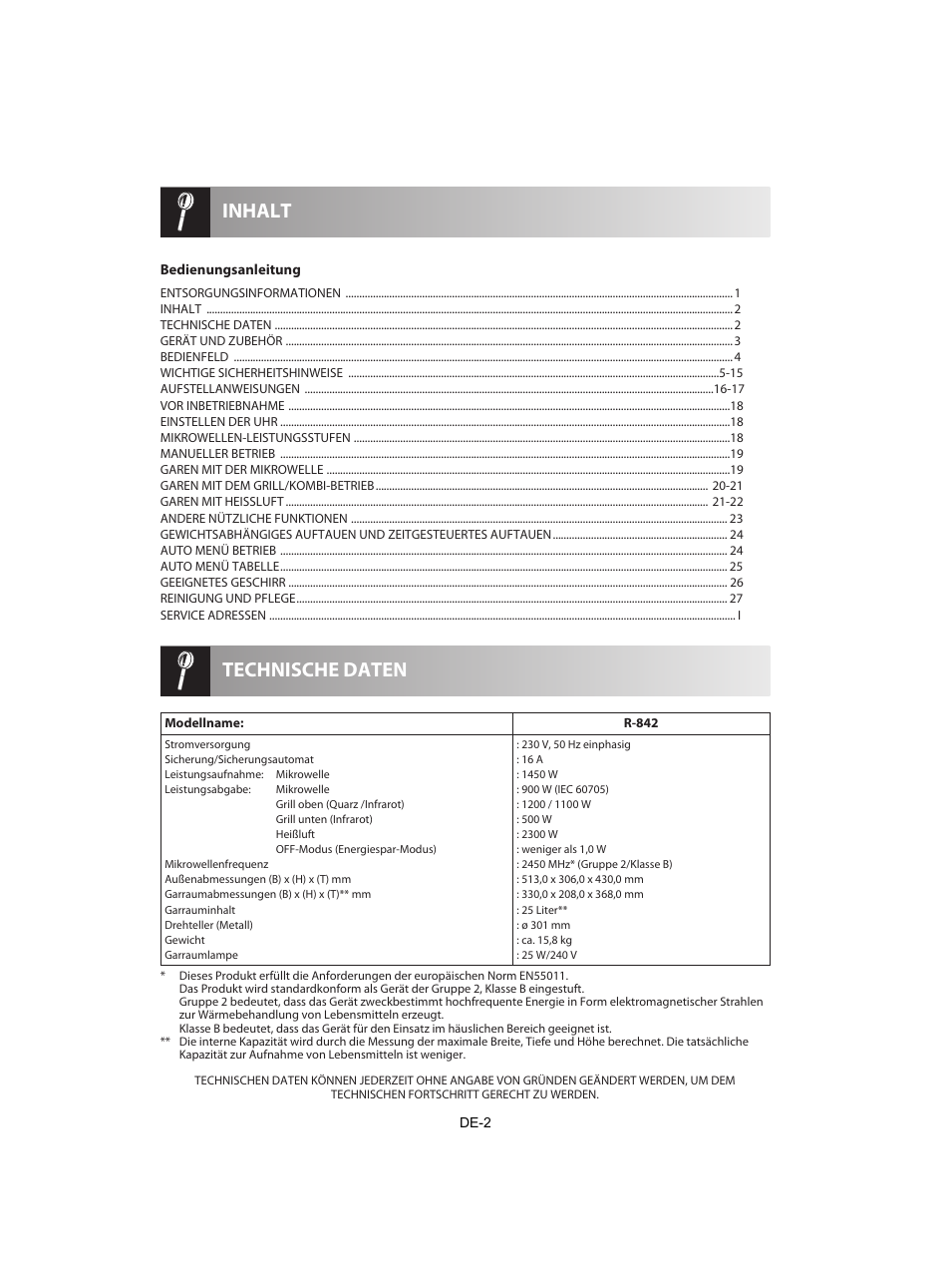 Technische daten inhalt | Sharp R-842INE User Manual | Page 4 / 312