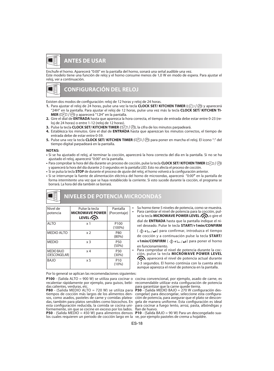 Antes de usar, Configuración del reloj, Niveles de potencia microondas | Sharp R-842INE User Manual | Page 48 / 312