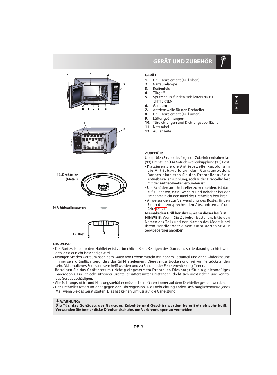 Gerät und zubehör, Deutsch | Sharp R-842INE User Manual | Page 5 / 312