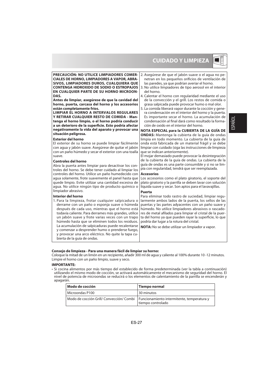 Cuidado y limpieza | Sharp R-842INE User Manual | Page 57 / 312