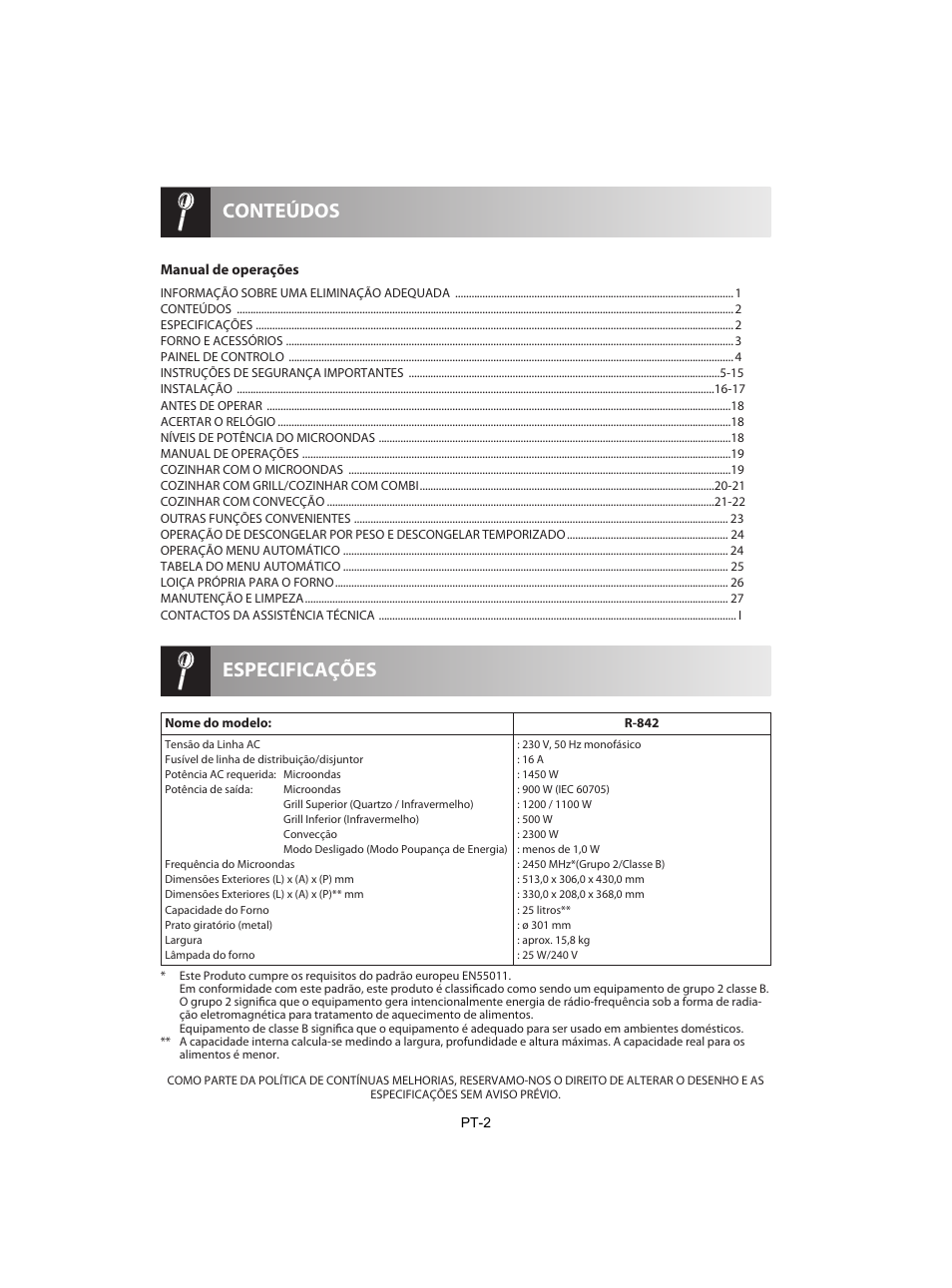 Especificações conteúdos | Sharp R-842INE User Manual | Page 60 / 312