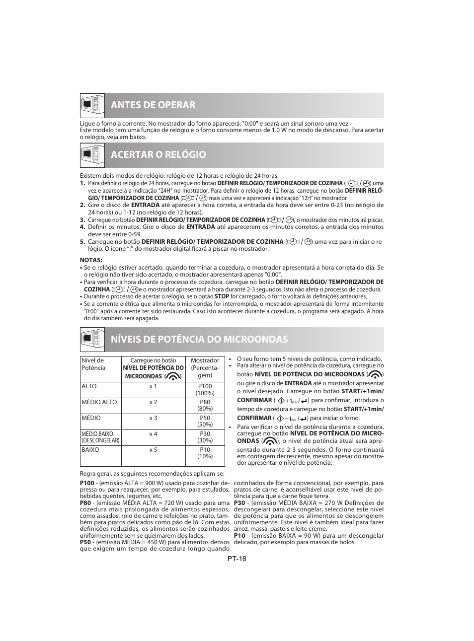 Antes de operar, Acertar o relógio, Níveis de potência do microondas | Sharp R-842INE User Manual | Page 76 / 312