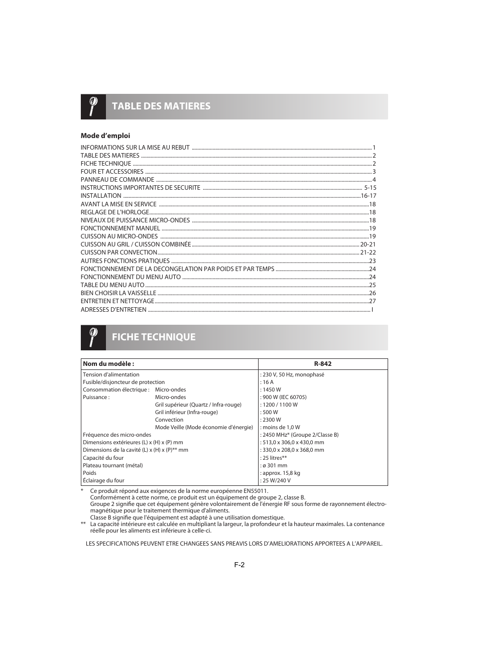 Fiche technique table des matieres | Sharp R-842INE User Manual | Page 88 / 312