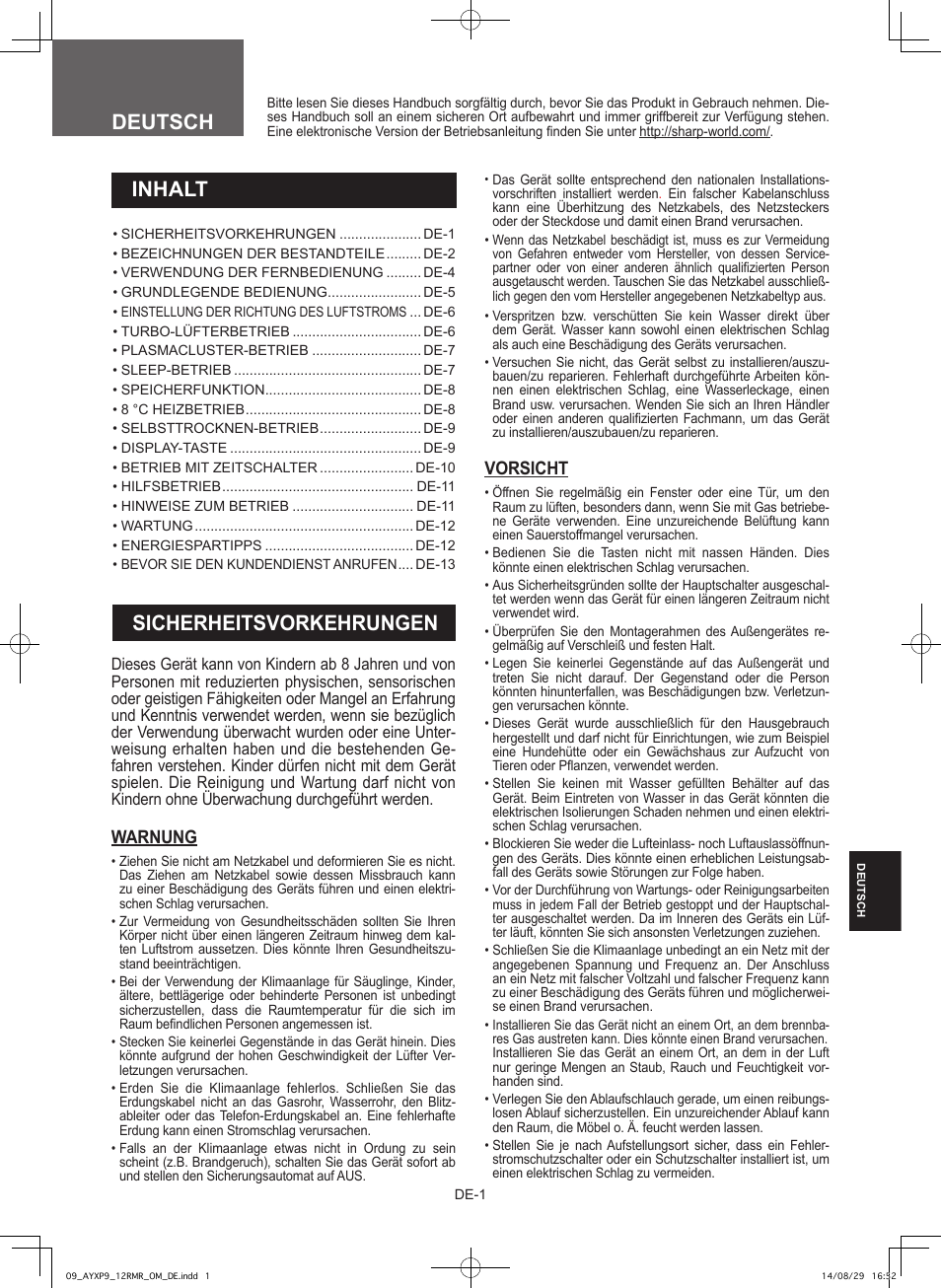 Deutsch, Sicherheitsvorkehrungen, Inhalt | Warnung, Vorsicht | Sharp AY-XP9RMR-AE-X9RMR User Manual | Page 115 / 144