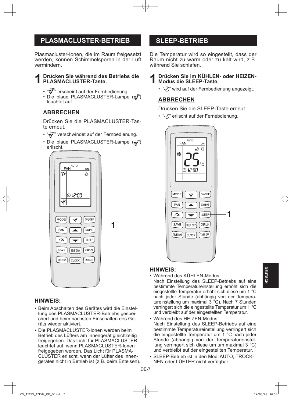 Plasmacluster-betrieb, Sleep-betrieb | Sharp AY-XP9RMR-AE-X9RMR User Manual | Page 121 / 144