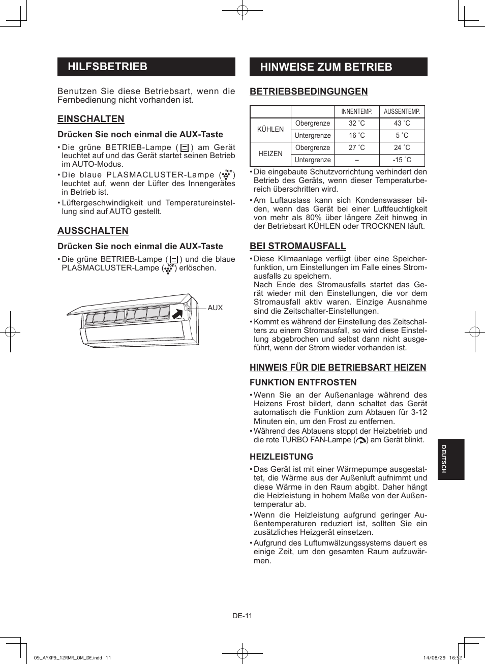 Hinweise zum betrieb, Hilfsbetrieb | Sharp AY-XP9RMR-AE-X9RMR User Manual | Page 125 / 144