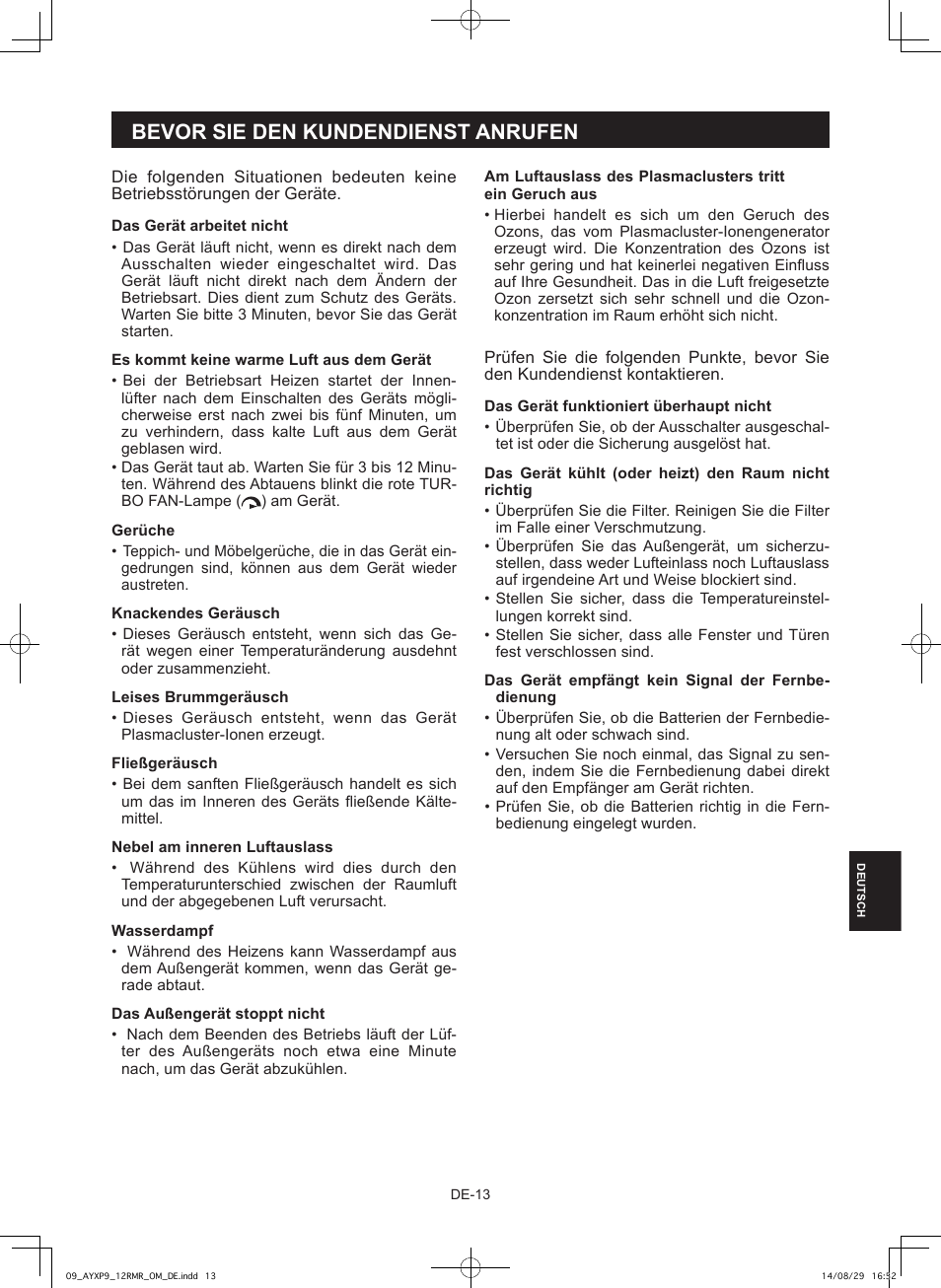 Bevor sie den kundendienst anrufen | Sharp AY-XP9RMR-AE-X9RMR User Manual | Page 127 / 144