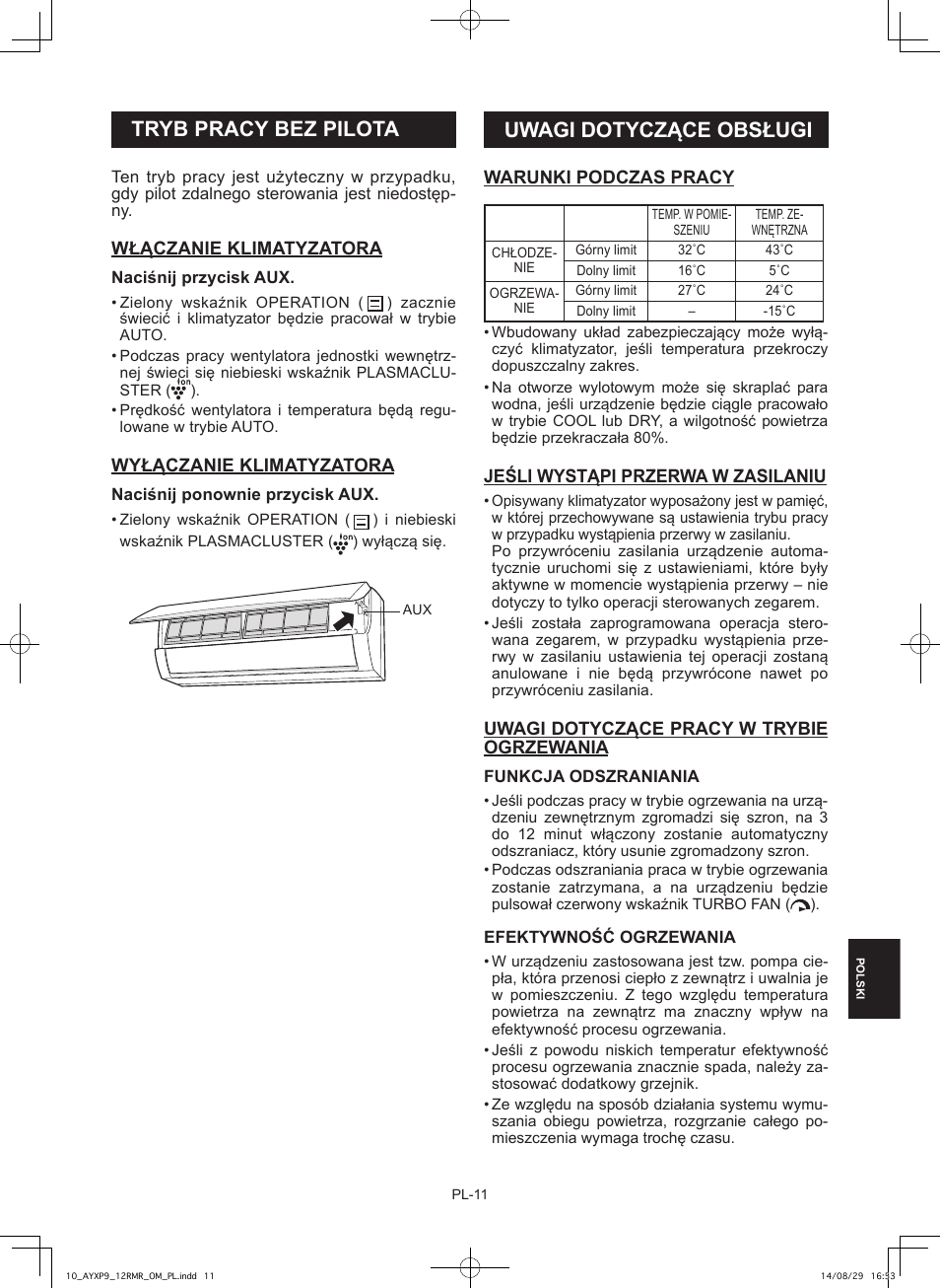 Uwagi dotyczące obsługi, Tryb pracy bez pilota | Sharp AY-XP9RMR-AE-X9RMR User Manual | Page 139 / 144