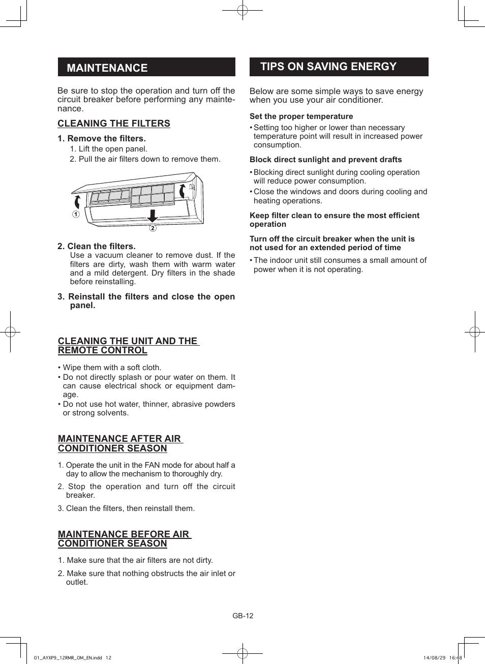 Maintenance, Tips on saving energy | Sharp AY-XP9RMR-AE-X9RMR User Manual | Page 14 / 144