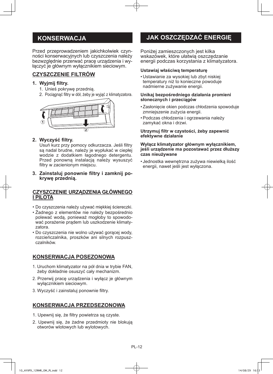 Konserwacja, Jak oszczędzać energię | Sharp AY-XP9RMR-AE-X9RMR User Manual | Page 140 / 144