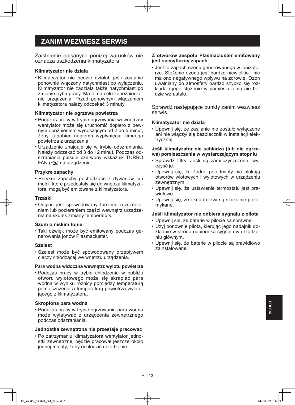 Zanim wezwiesz serwis | Sharp AY-XP9RMR-AE-X9RMR User Manual | Page 141 / 144
